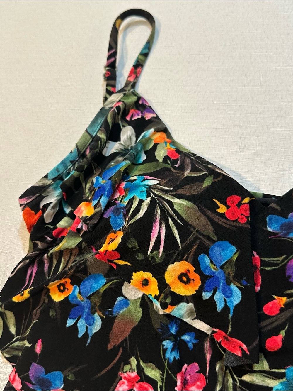 Aqua Green Floral Tankini Swim Top Medium Black Tropical Ruffle Built-In Cups - Picture 5 of 16
